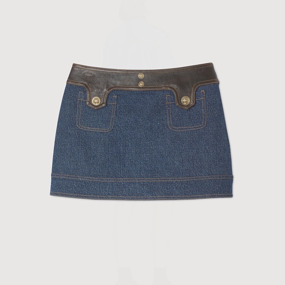 NWT Sandro Seattle Denim & Leather Jean Button Embellished Mini Skirt size 40 - Picture 4 of 11